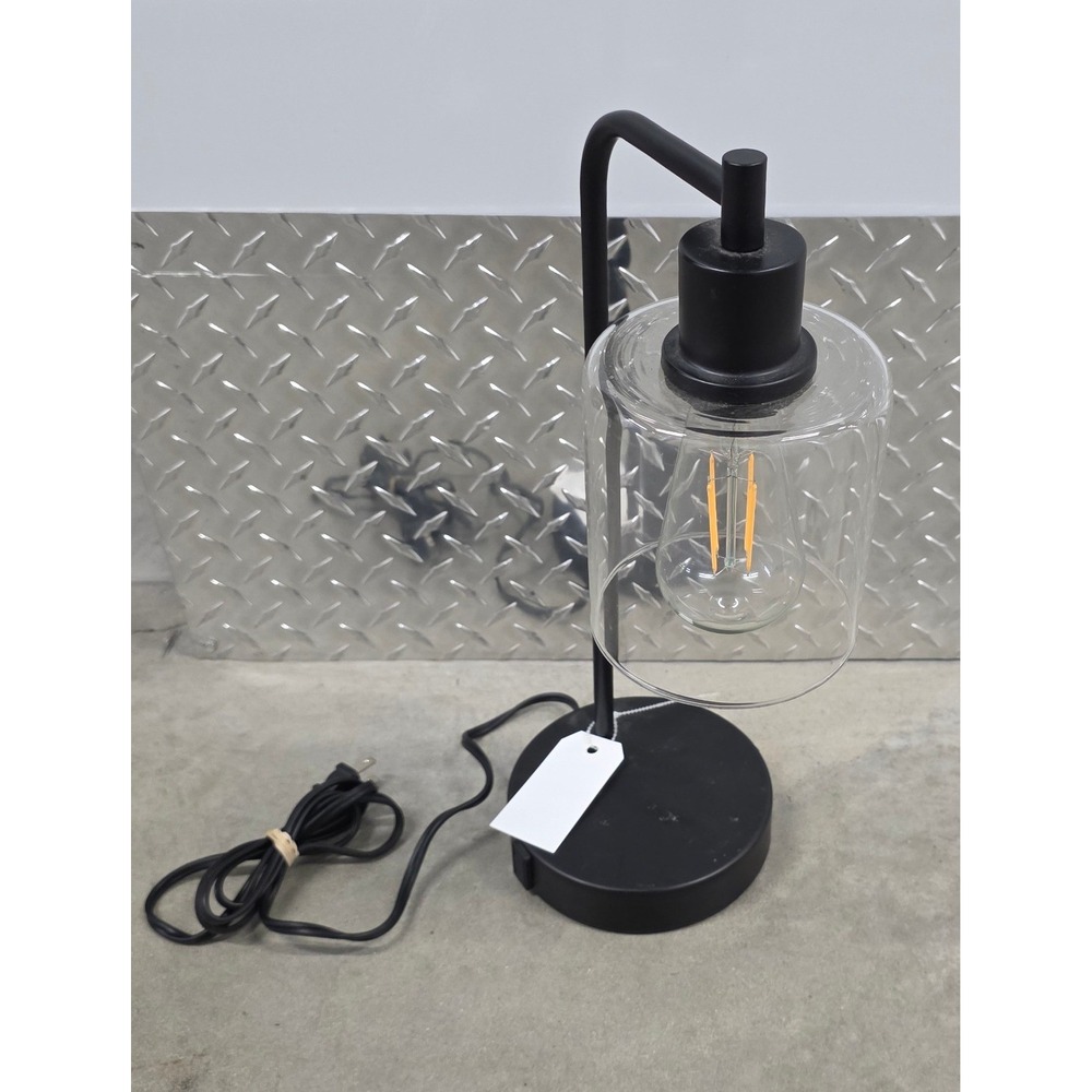 Industrial Black Metal Desk Lamp with Glass Shade and USB Port Edison Bulb